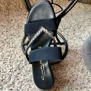 Navy blue slip on bling wedges